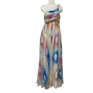 La Femme Paris Rainbow Maxi Dress Watercolor One Shoulder Chain Strap Size 4